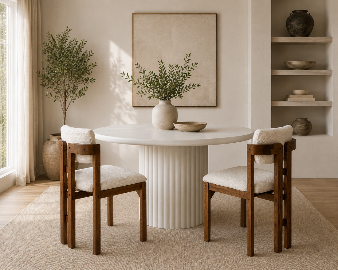 Modern Round Lime Plaster Concrete Dining Table with Fluted Base – 120 x 120 x 77 cm