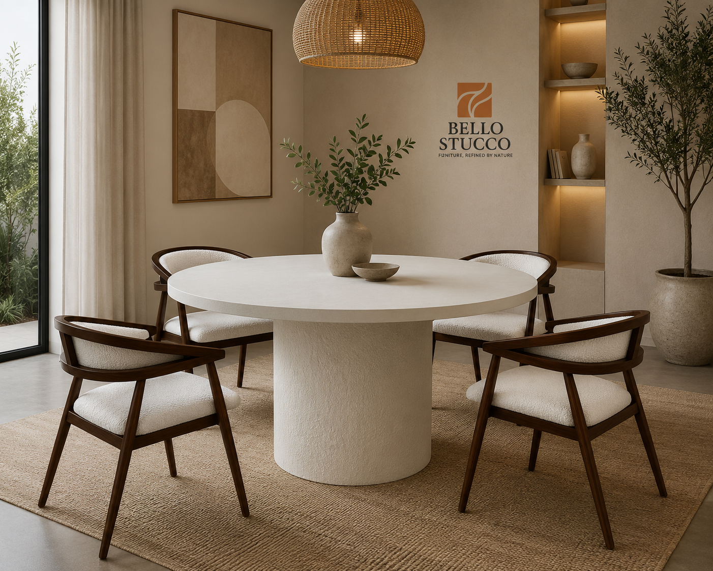 Modern Round Lime Plaster Dining Table – Sculptural Pedestal Base – 130 × 130 × 76 cm – Milky White