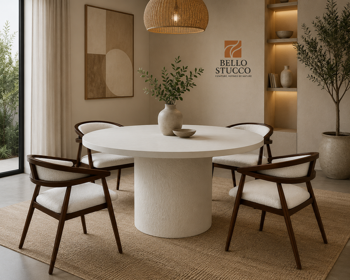 Modern Round Lime Plaster Dining Table – Sculptural Pedestal Base – 130 × 130 × 76 cm – Milky White