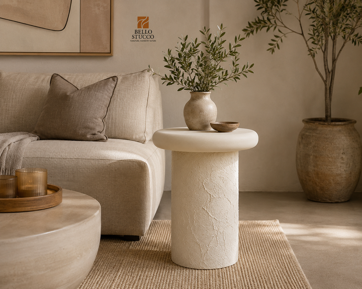 Modern Lime Plaster Side Table – Round Pedestal Accent Table, Milky White Finish (40 × 40 × 49 cm)