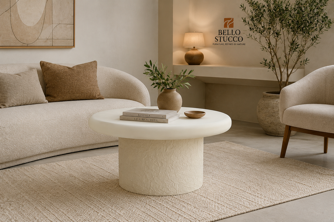 Modern Lime Plaster Round Coffee Table – Sculptural Center Table, 70 × 70 × 40 cm, Handcrafted Contemporary Living Room Table
