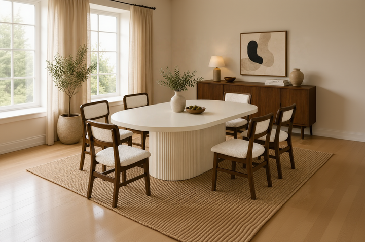 Modern Lime Plaster Concrete Dining Table – Milky White Finish | Sculptural Oval Dining Table | 220 × 110 × 76 CM
