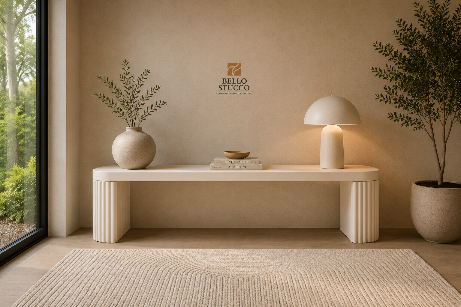 Modern Lime Plaster Bench – Sculptural Minimalist Indoor Bench, Milky White Finish, 220 × 40 × 45 cm