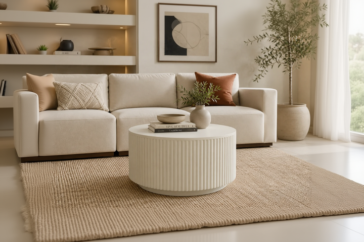 Modern Round Lime Plaster Coffee Table | Fluted Micro Concrete Finish | 80 × 80 × 45 cm