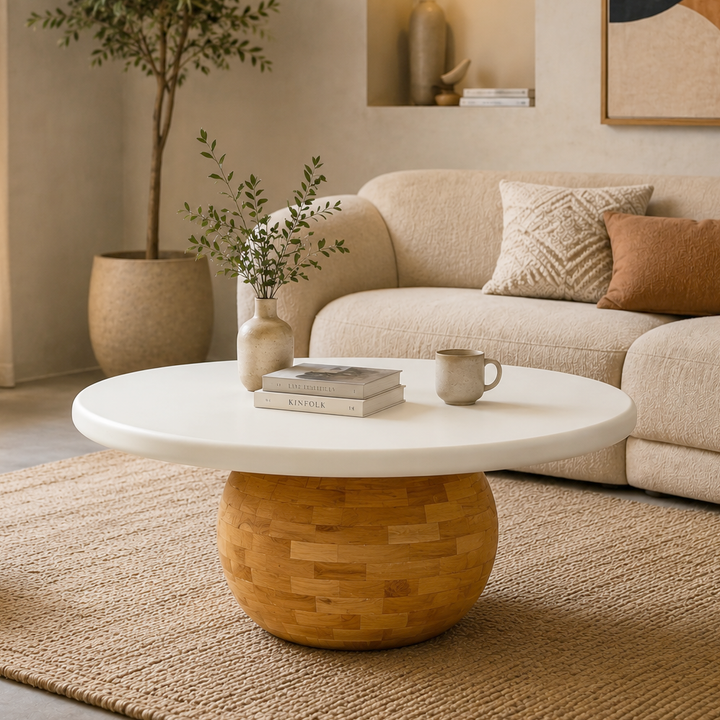 Modern Round Wooden & Lime Plaster (Microconcrete) Coffee Table – 90 x 90 x 40 cm | Handmade Contemporary Living Room Center Table