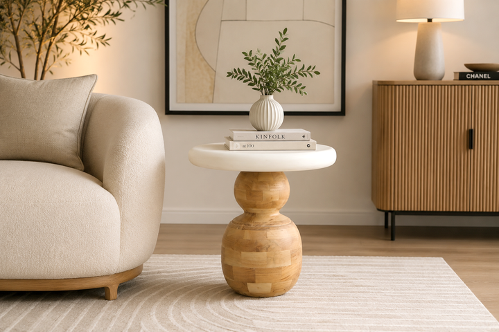 Modern Wooden & Lime Plaster (Microconcrete) Side Table – Handcrafted Accent End Table for Living Room & Bedroom – 50 x 50 x 50 cm