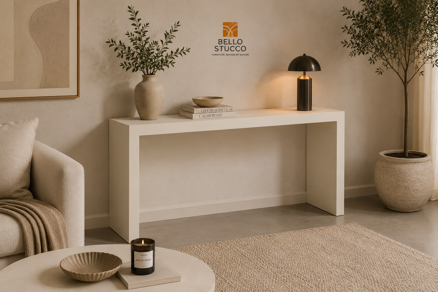 Modern Lime Plaster Console Table – Minimalist Microcement Entryway Console, Milky White Finish | 150 × 40 × 70 cm