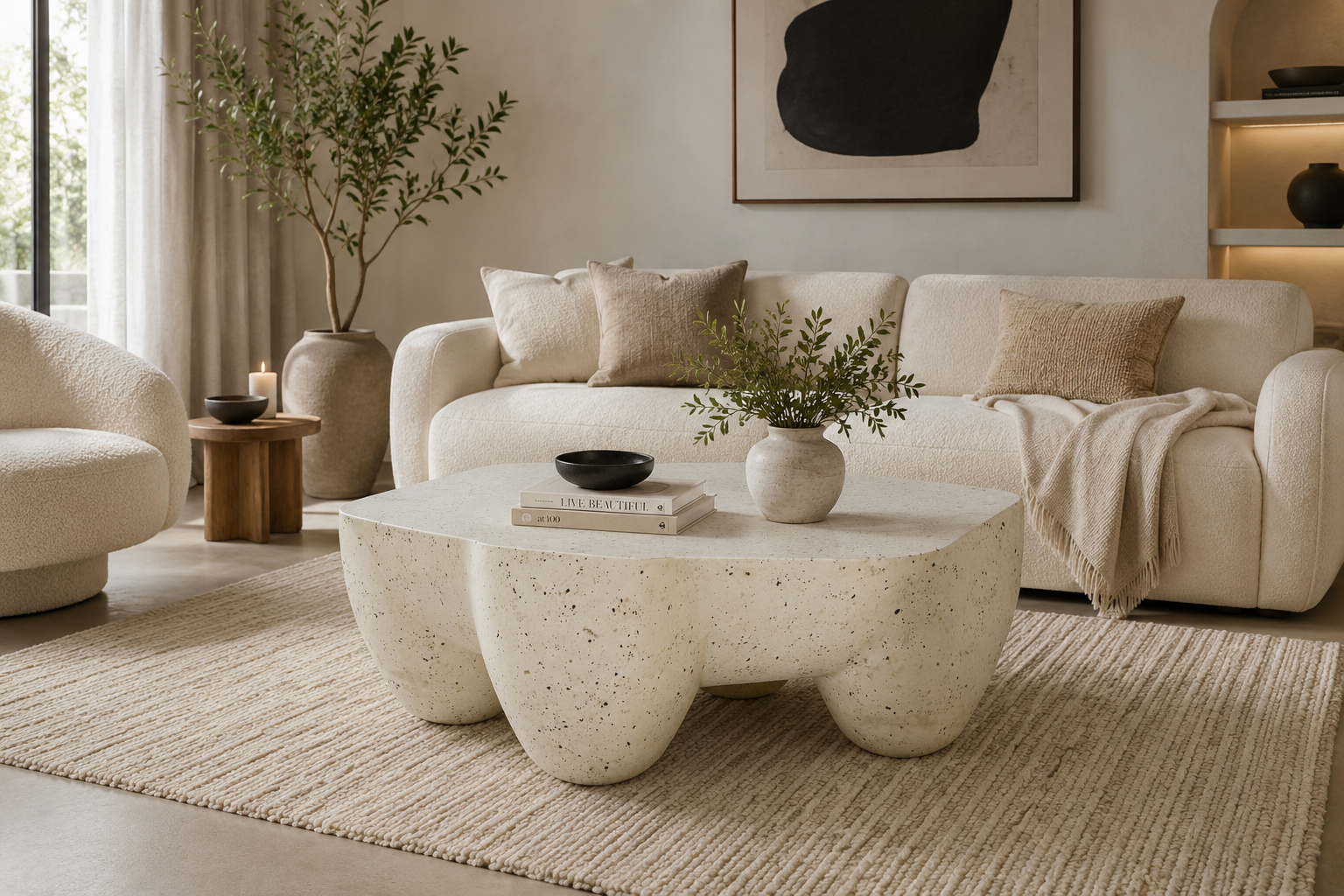 Modern Sculptural Iron Lime Plaster Center Table – Contemporary Coffee Table for Living Room | Milky White Finish | 97 × 97 × 37 CM
