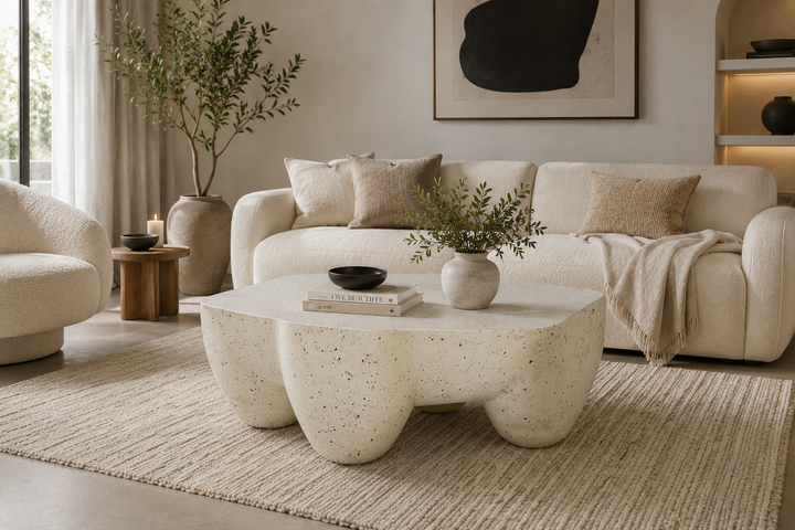Modern Sculptural Iron Lime Plaster Center Table – Contemporary Coffee Table for Living Room | Milky White Finish | 97 × 97 × 37 CM