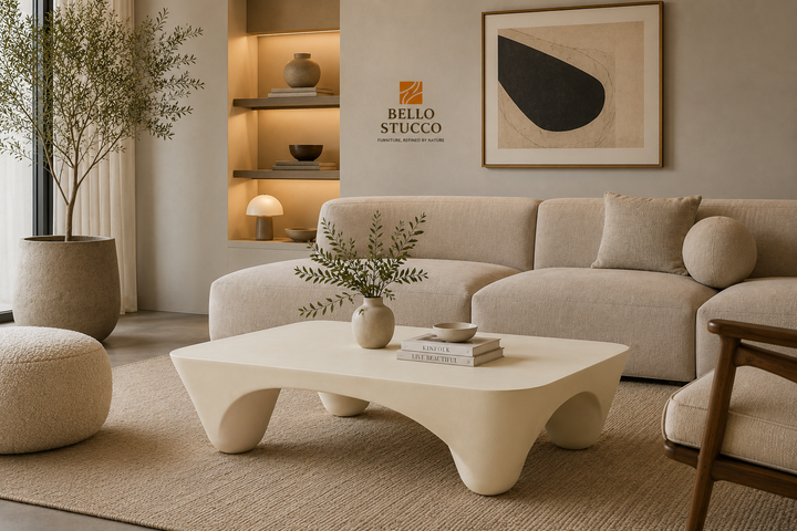 Modern Iron Lime Plaster Sculptural Center Table – Milky White | 168 × 98 × 40 cm