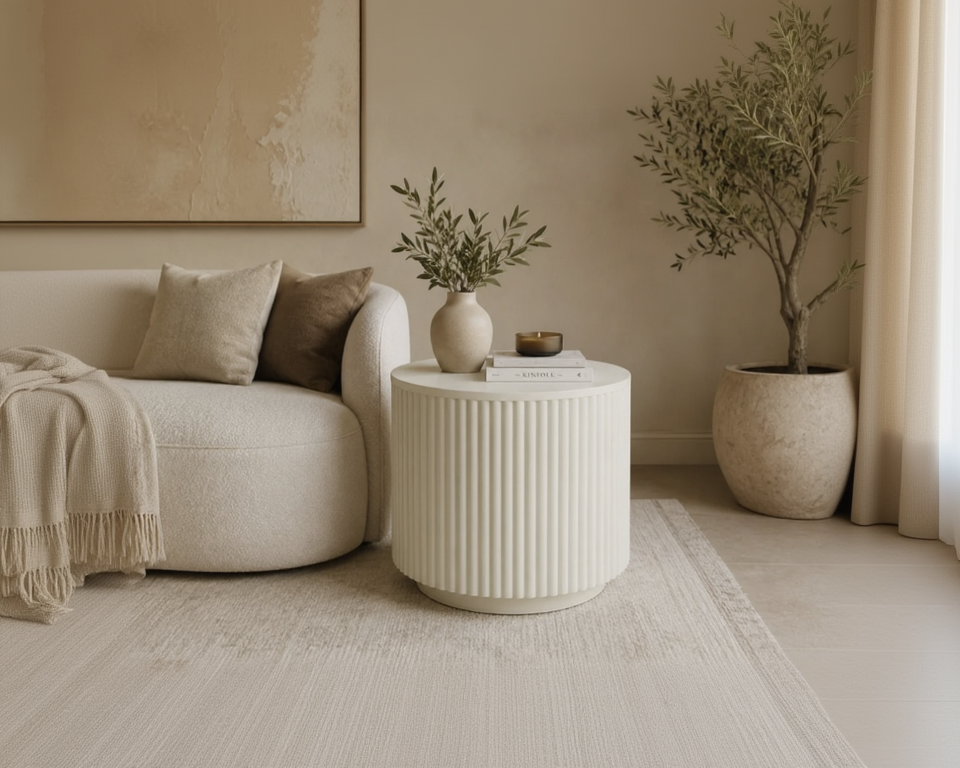 Modern Round Fluted Side Table in Lime Plaster Finish – 50 × 50 × 45 cm