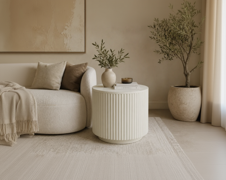 Modern Round Fluted Side Table in Lime Plaster Finish – 50 × 50 × 45 cm