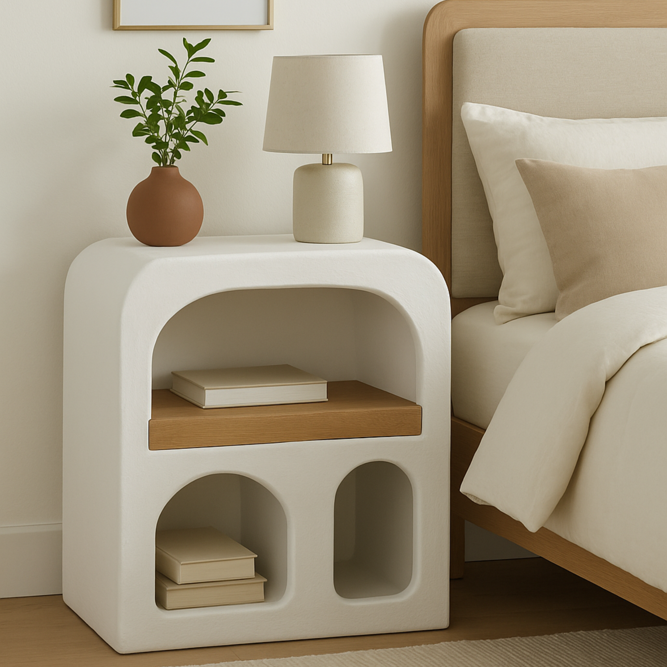 Lime Plaster Bedside Table with Arched Design – 50×40×60 cm