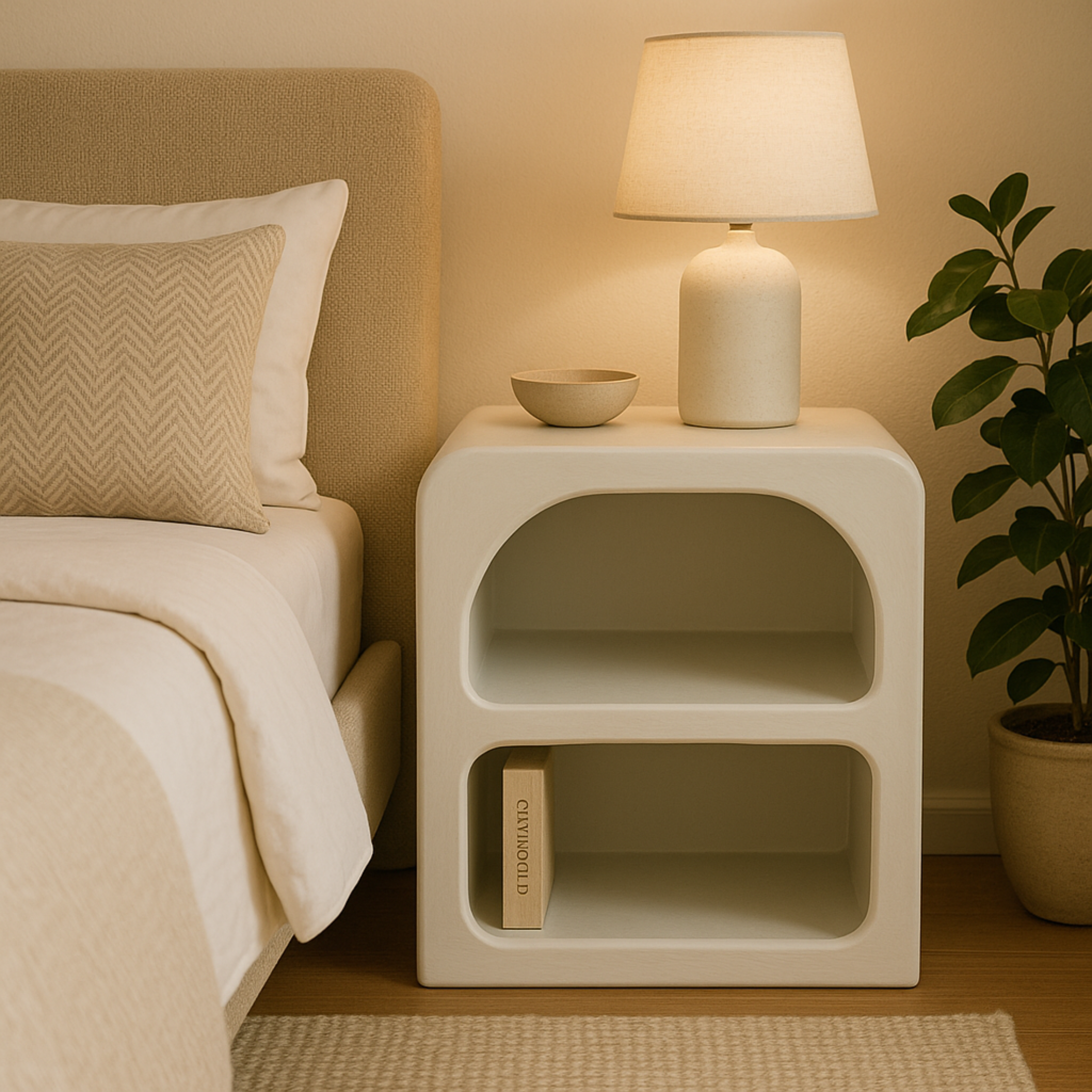 Lime Plaster Bedside Table with Open Shelves – Modern Minimalist Storage Unit || 55X35X65 CM