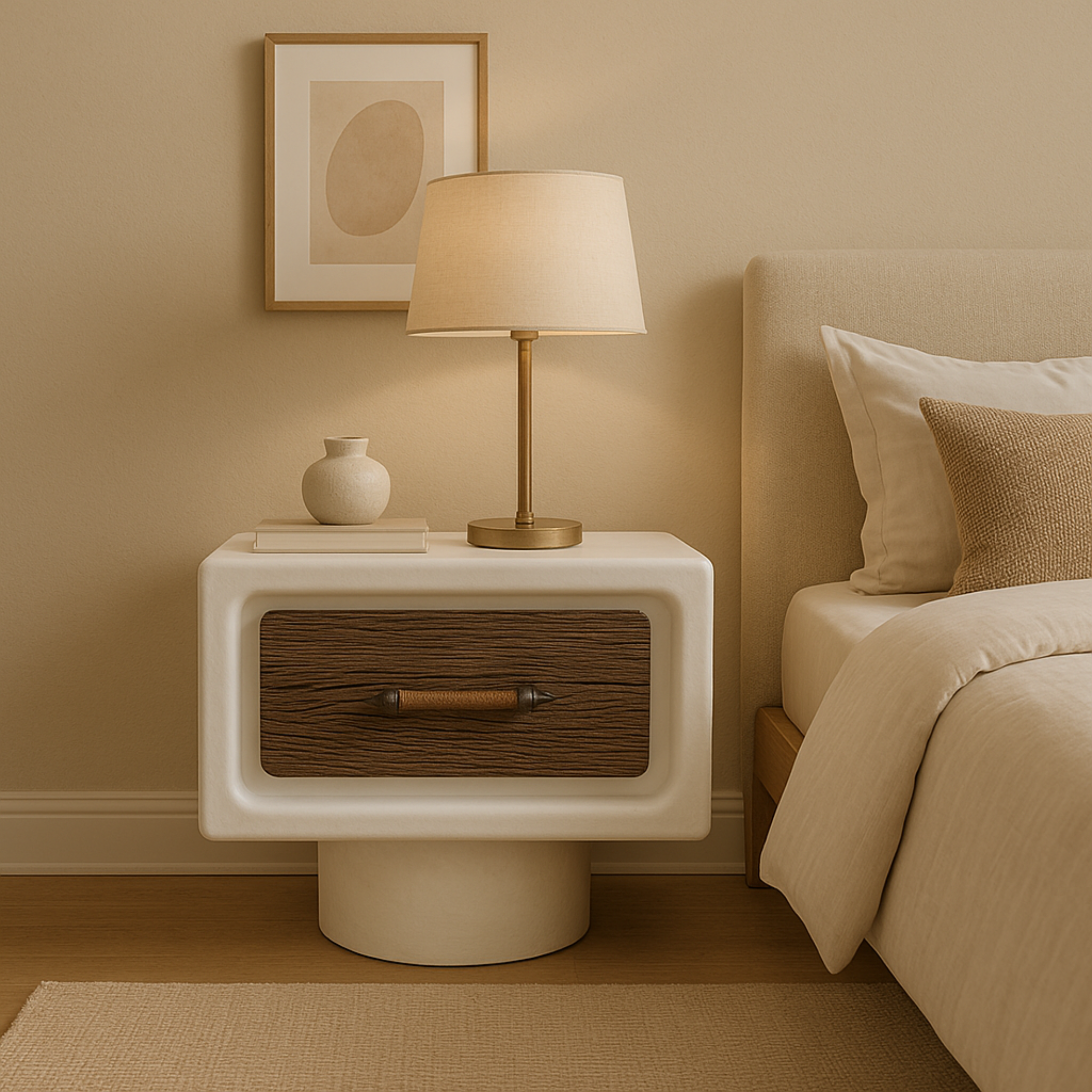 Lime Plaster Bedside Table with Wooden Drawer - 50X40X45 CM